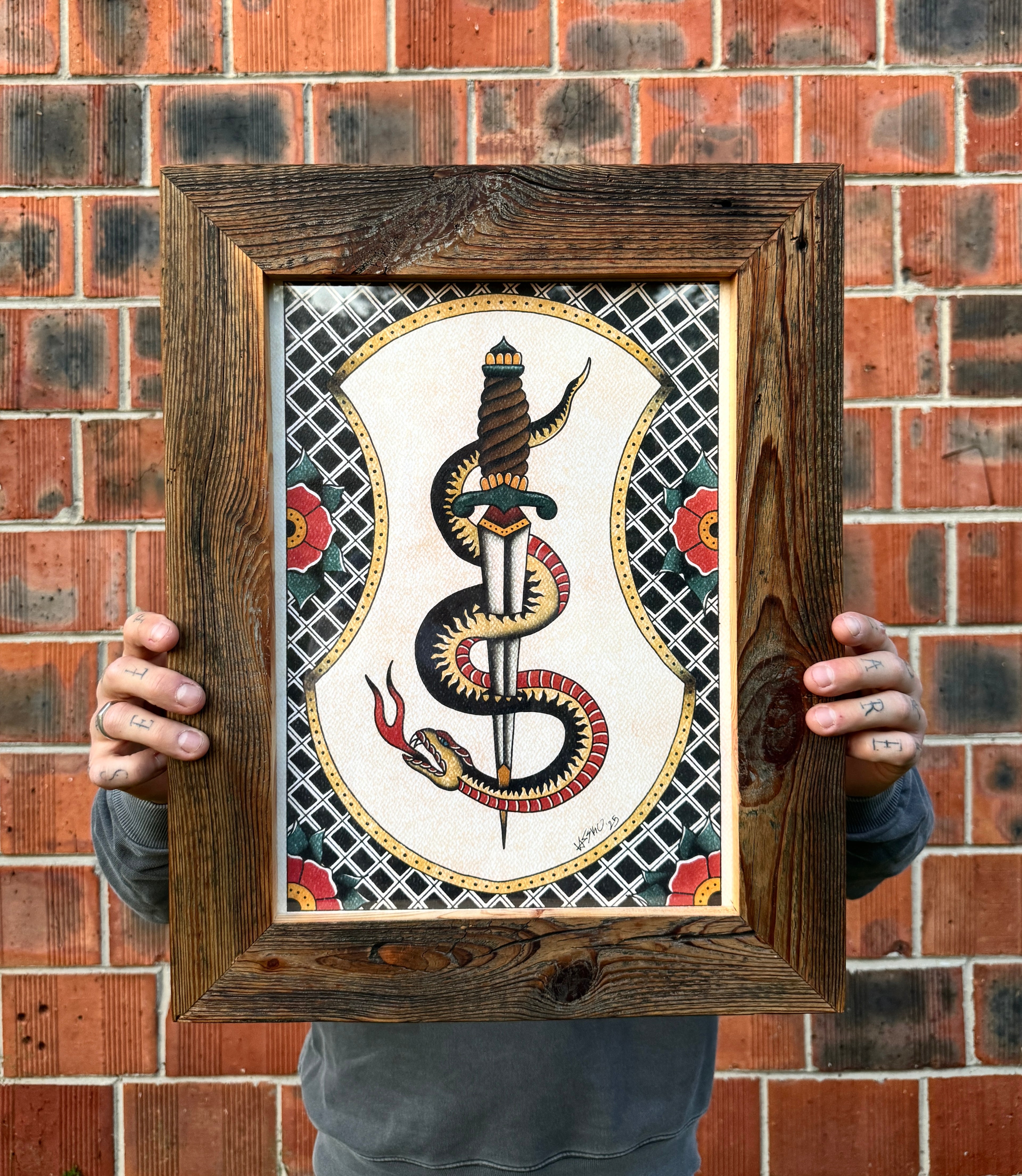 Old Framed Snake Wall Art A3